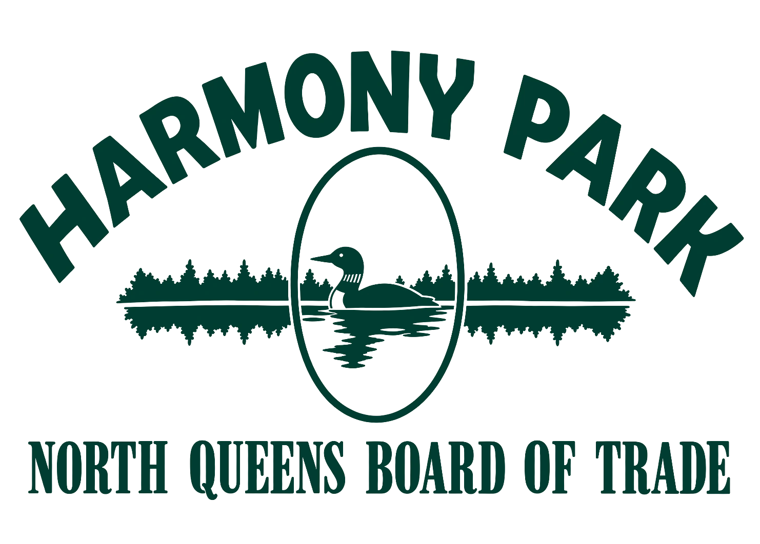 Harmony Park sign mark with a loon on the water and the North Queens Board of Trade name